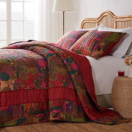 Greenland Home Jewel Cotton Kantha-Quilted Bedspread Set, 3-Piece King/Cal King Red C387801