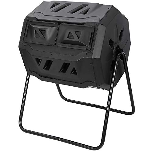 Outdoor Compost Bin Dual Chamber Tumbling 43 Gallon Composter Rotating w/Sliding Doors & Steel Frame, BPA Free Outdoor Composting Bin for Garden Yard Patio Lawn, Black