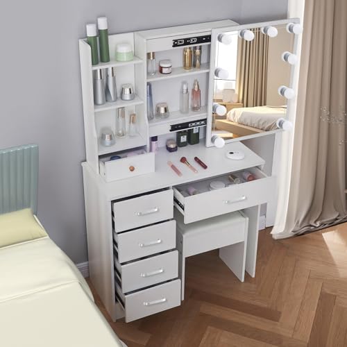 Makeup Vanity Desk with Lights and Mirror Table Set, Small Makeup Vanity with Drawers, Hollywood Lighted Mirror, White Vanity with Storage Shelves, Makeup Vanity Table Bedroom