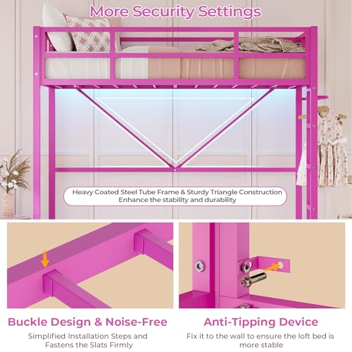 DICTAC Twin Loft Bed with Ladder and Guardrail, LED Lights, White B3802