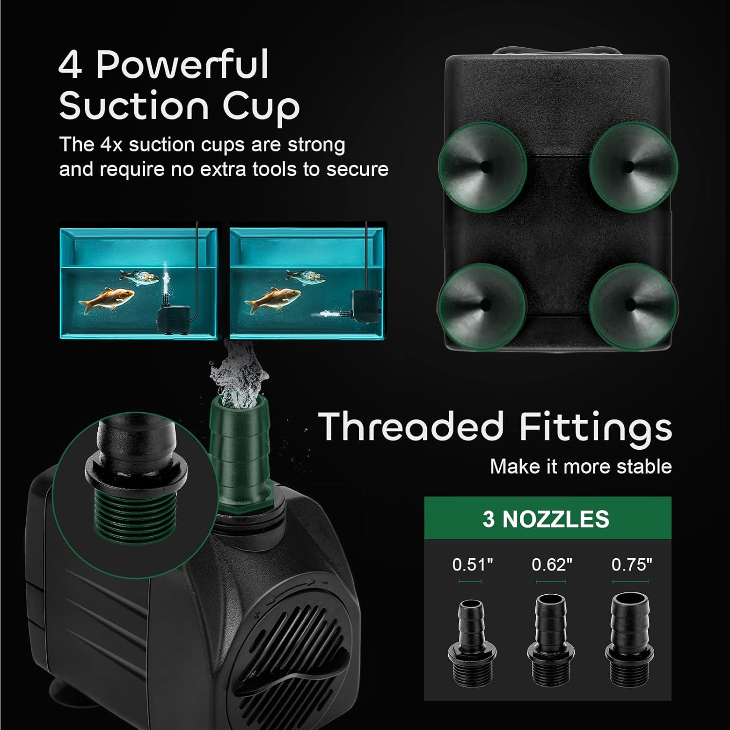 GROWNEER 550GPH Submersible Pump 30W Ultra Quiet Fountain Water Pump with 3 Nozzles V917174