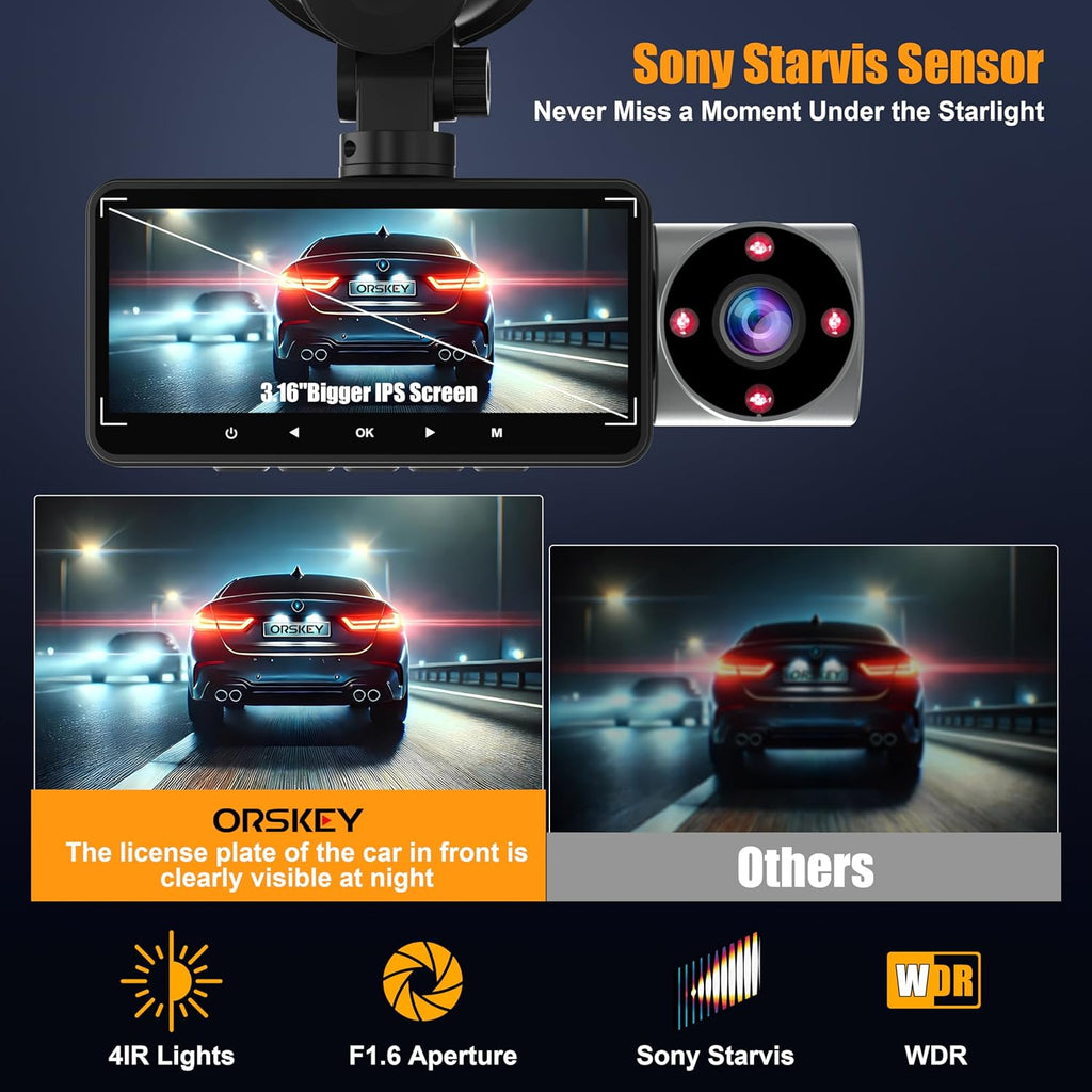 Orskey 4K Dash Cam Front and Rear Inside, 3 Channel, Built-in GPS, 64GB Card H130976