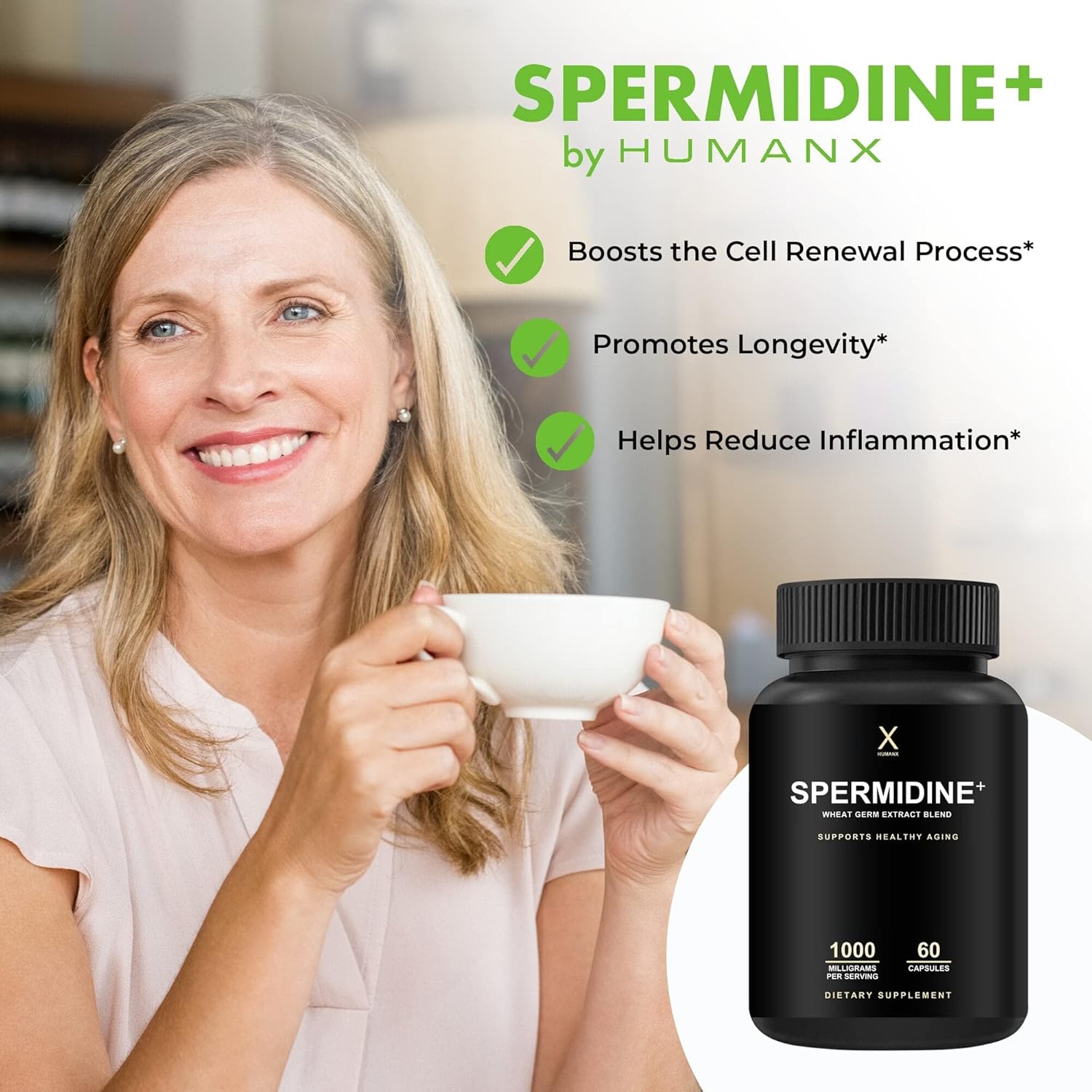 HUMANX Spermidine+ Capsules - Wheat Germ Extract & Zinc, Non-GMO E20879