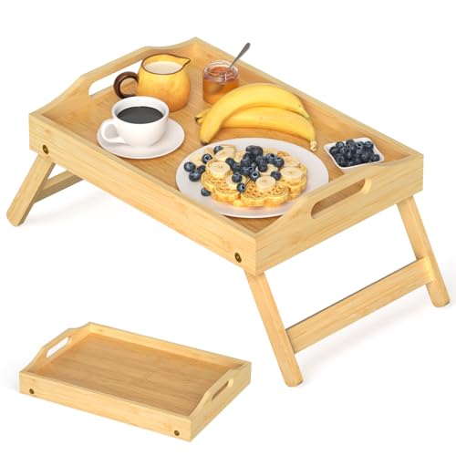 Breakfast Bed Tray for Eating - Raised Food Table on Lap Sofa - Portable Bamboo Serving Tray - Snack Platter with Folding Legs Ideal for Bedroom, Picnic - Natural