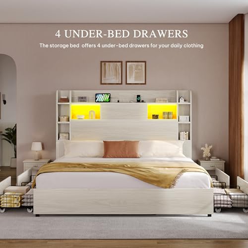 YITAHOME Queen Bed Frame with Bookcase Headboard and 4 Storage Drawers, Black L762695