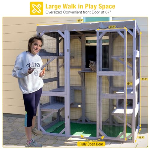 Aivituvin Cat House Outdoor Catio with Large Door, Wooden Cat Cage Indoor Playpen, 70 Inch I919236