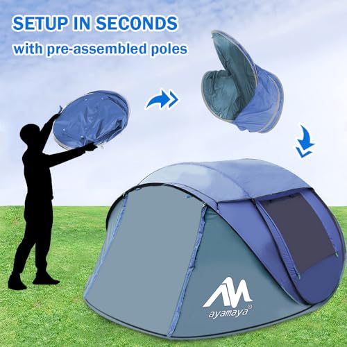 4 Person Pop Up Tent for Camping - AYAMAYA Waterproof Instant Family Tent with Skylight and Removable Rainfly I990
