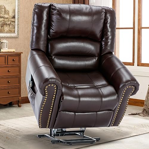 Electric Power Lift Recliner Chairs with Massage and Heat for Elderly, Overstuffed Wide Ergonomic Lounge Chair Classic Single Sofa for Living Room with 2 Remote Control/USB Ports(Dark Brown)