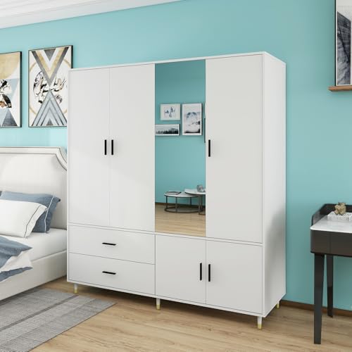 Armoire Wardrobe Closet: Wood Bedroom Armoire Dresser Clothes Storage Cabinet with 4 Doors 2 Hanging Rods 2 Drawers Mirror Organization 63" W x 20.4" D x 70.8 "H White