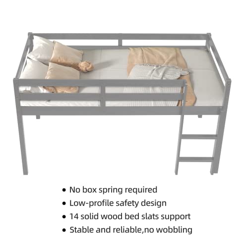 Twin Loft Bed for Kids with Ladders and Guard Rails, Solid Wood, Grey E9115