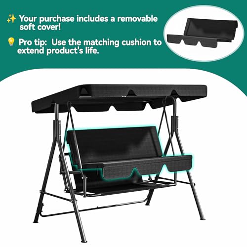 YITAHOME Outdoor Patio Swing Chair 3 Person with Adjustable Canopy, Black P266