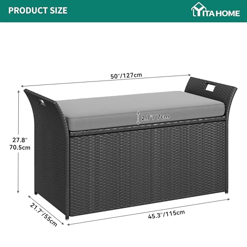 YITAHOME 90 Gallon Outdoor Wicker Storage Bench with Cushion, Black & Beige K940826