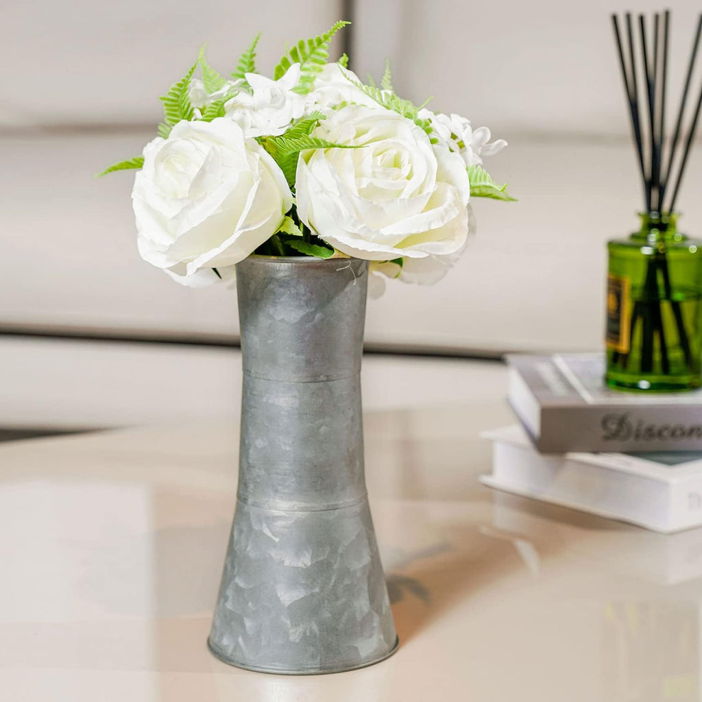 MyGift 8 Inch Galvanized Metal Flower Vase with Faux White Roses X9162