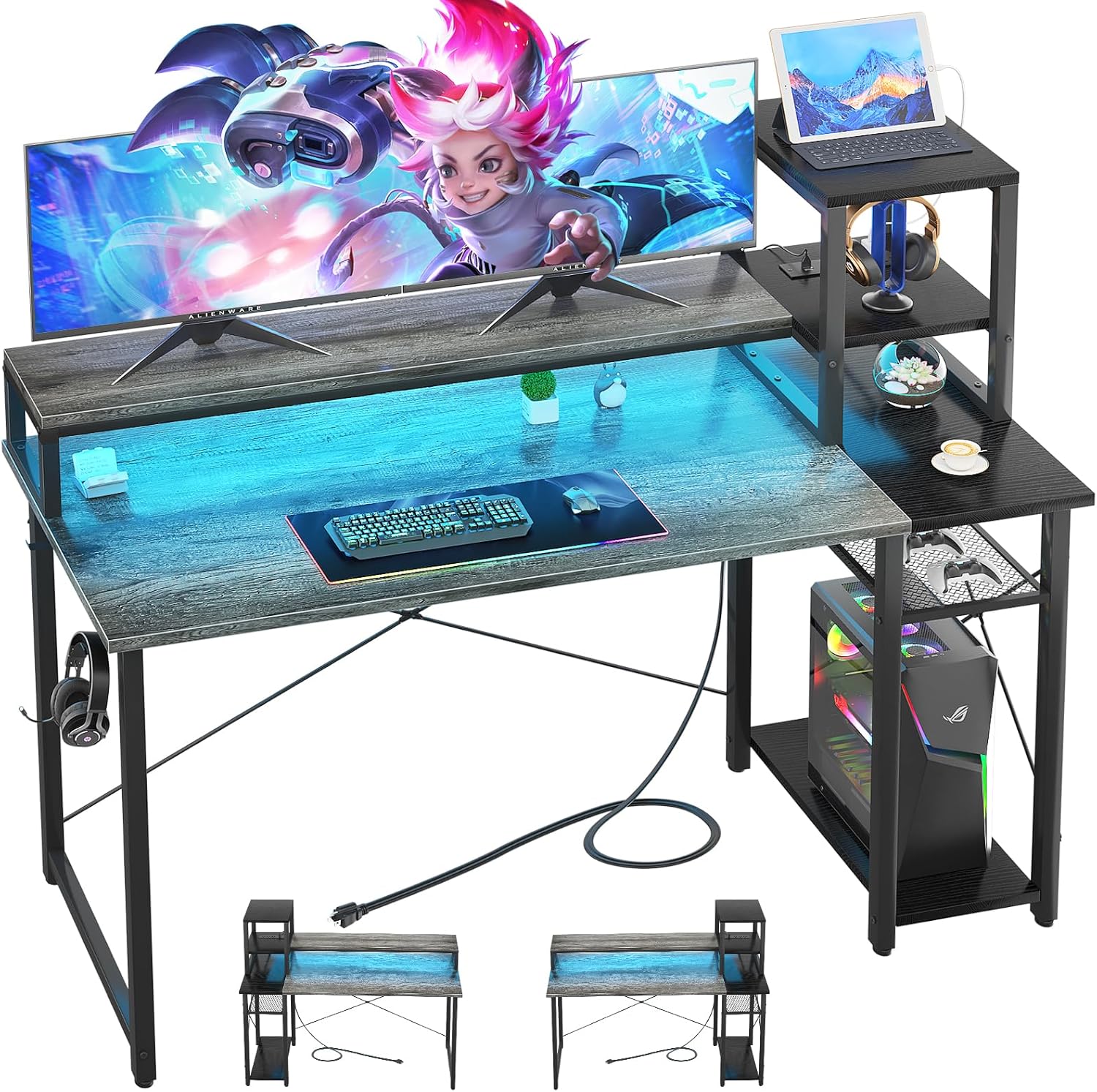 47.2'' Gaming Desk with LED and Storage Shelves, 47 Computer Desk with Long Monitor Stand, Small Desk for Small Space, Simple Study Student Writing Desk, Laptop Table for Home Office, Grey