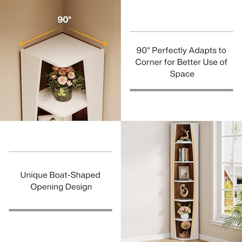 Tribesigns White and Walnut 6-Tier Corner Bookcase with Storage N44402